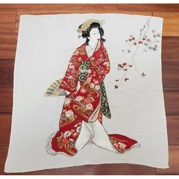 Vintage Japanese Scarf Geisha Kimono Art Print Red Gold Ivory Japan Size 28x 26